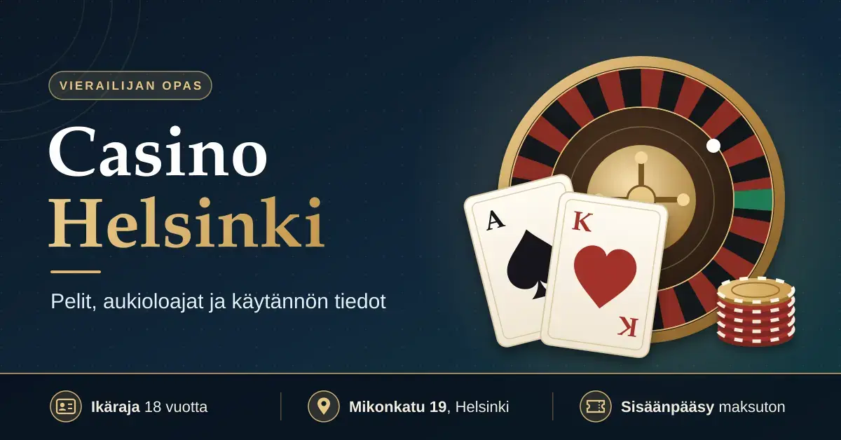 Tummansininen kuvitus, jossa on otsikko Casino Helsinki, ruletti, pelikortit ja pelimerkit sekä alareunassa tiedot 18 vuoden ikärajasta, osoitteesta Mikonkatu 19 ja maksuttomasta sisäänpääsystä.