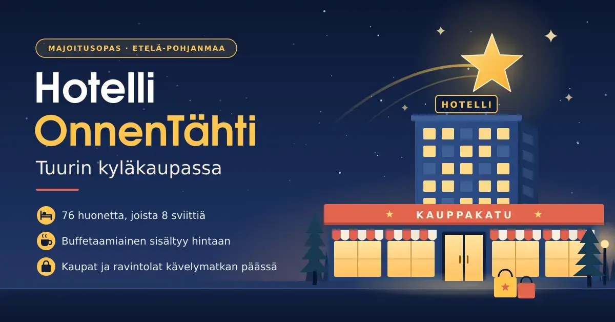 Kuvitettu yönäkymä, jossa kultainen tähti loistaa valaistun hotellirakennuksen ja Kauppakadun kauppojen yllä, sekä teksti Hotelli OnnenTähti Tuurin kyläkaupassa ja hotellin keskeiset tiedot.