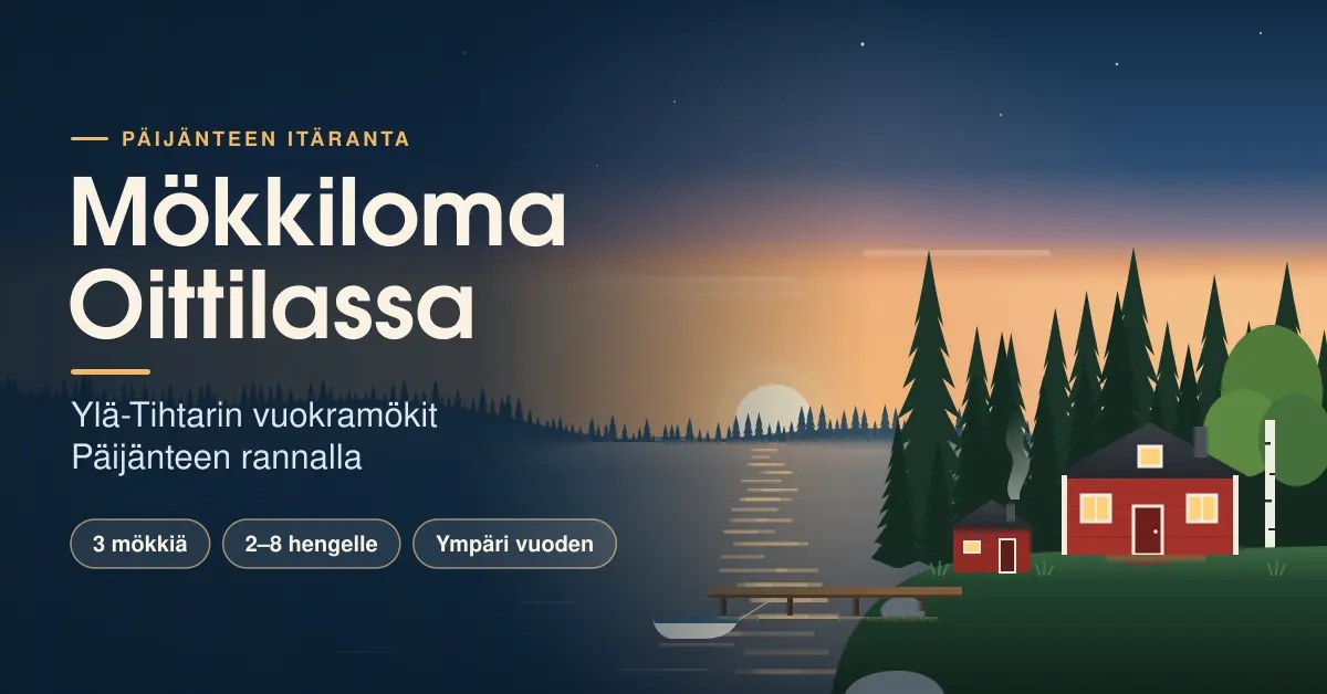 Kuvitus punaisesta mökistä, rantasaunasta ja laiturista kuusimetsän reunalla Päijänteen rannalla auringonlaskun aikaan sekä teksti ”Mökkiloma Oittilassa – Ylä-Tihtarin vuokramökit Päijänteen rannalla”.
