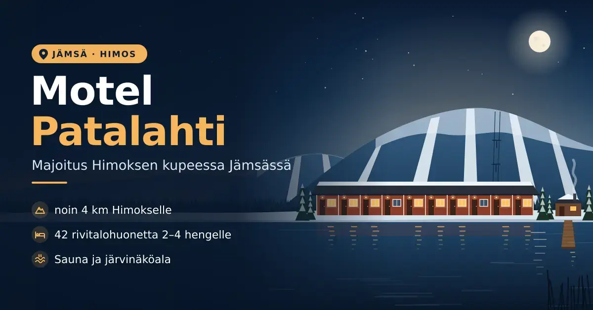 Kuvitettu iltamaisema, jossa punainen rivitalomotelli valaistuine ikkunoineen seisoo Patalahden rannalla, taustalla Himoksen lumiset rinteet ja tekstinä Motel Patalahti – majoitus Himoksen kupeessa Jämsässä.