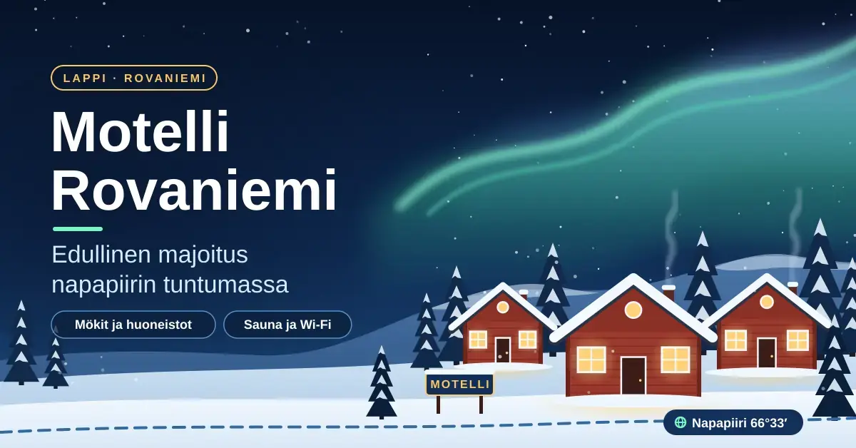 Kuvituksessa punaiset hirsimökit valaistuine ikkunoineen seisovat lumisessa Lapin maisemassa revontulten alla, ja vieressä lukee ”Motelli Rovaniemi – edullinen majoitus napapiirin tuntumassa”.