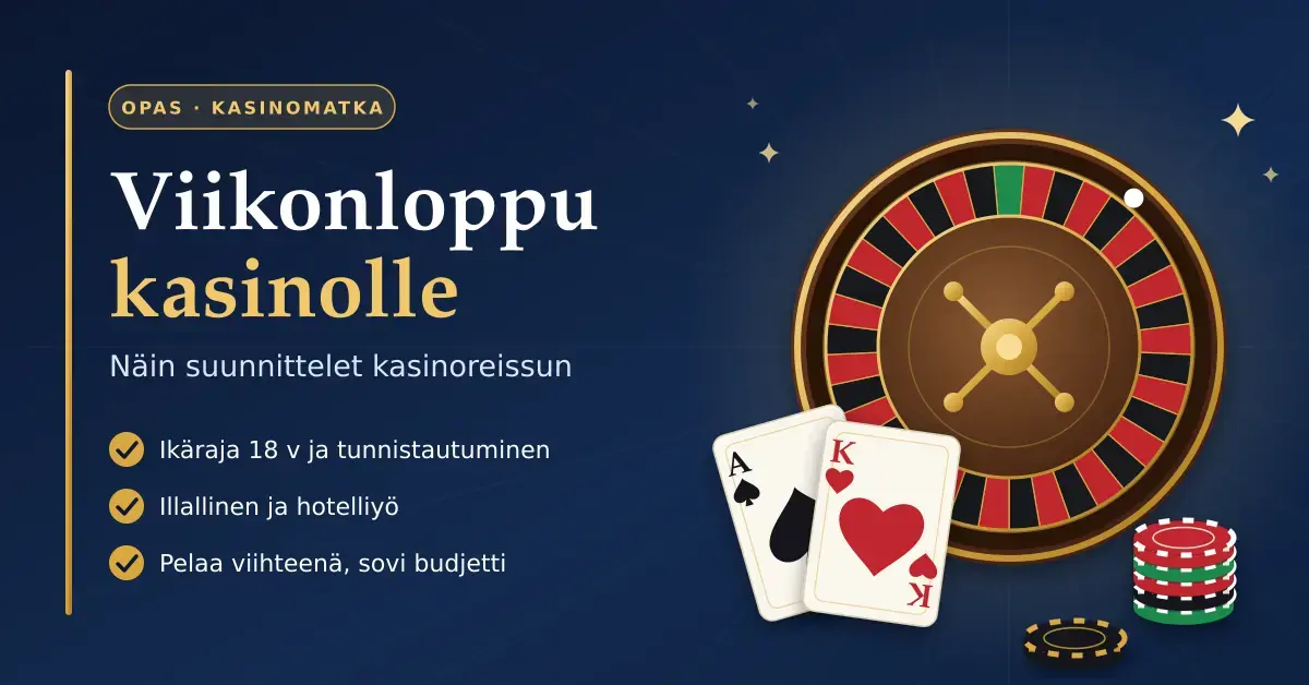 Tummansininen kuvitus, jossa on ruletti, pelikortteja ja pelimerkkejä sekä teksti "Viikonloppu kasinolle – Näin suunnittelet kasinoreissun" ja muistilista ikärajasta, tunnistautumisesta, illallisesta, hotelliyöstä ja pelaamisesta viihteenä.